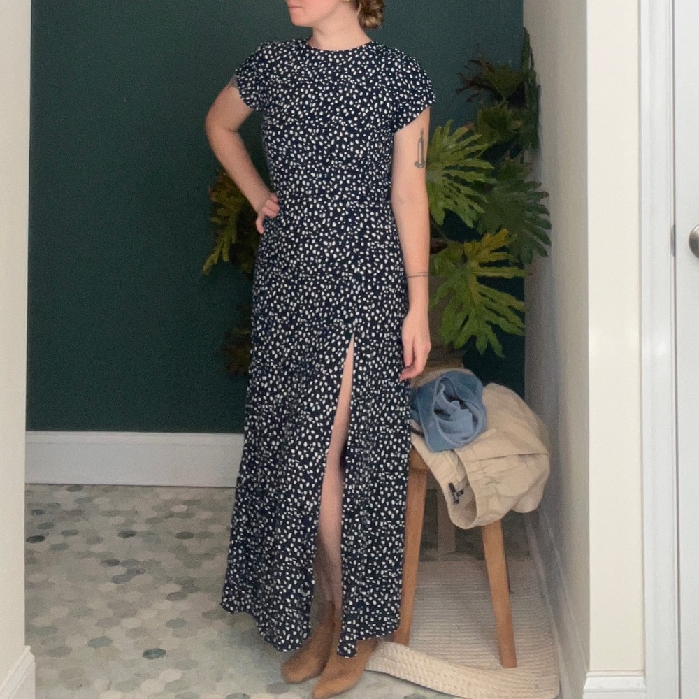 Navy Blue Dotted Small Women’s Dress with Slip Open Back